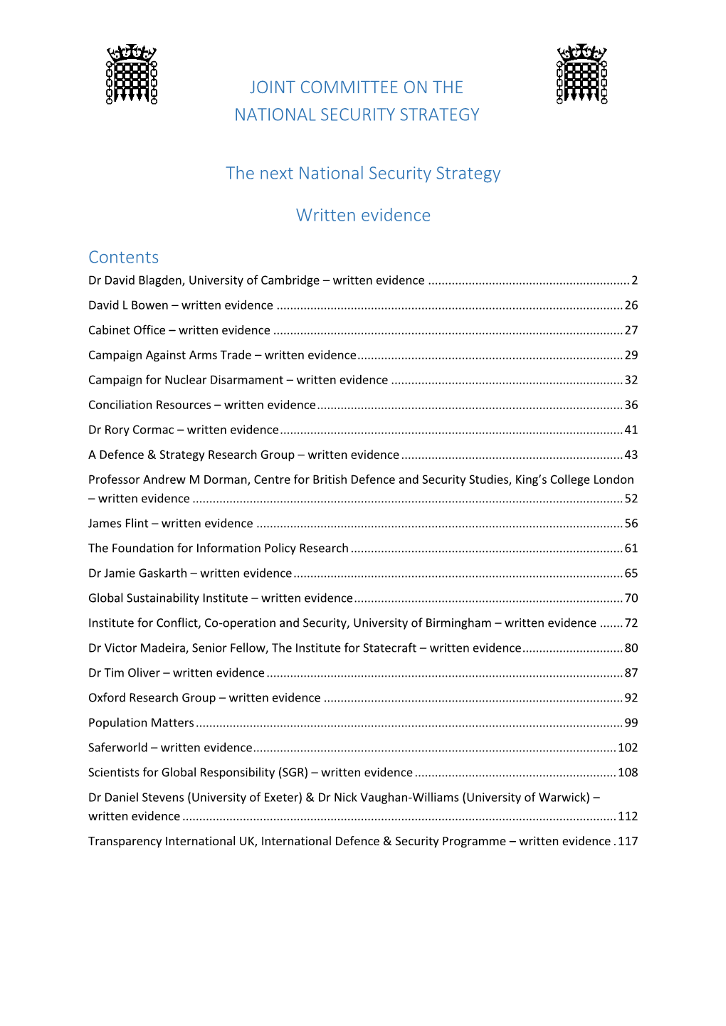 Joint Committee on the National Security Strategy: Priorities for the 2015 NSS