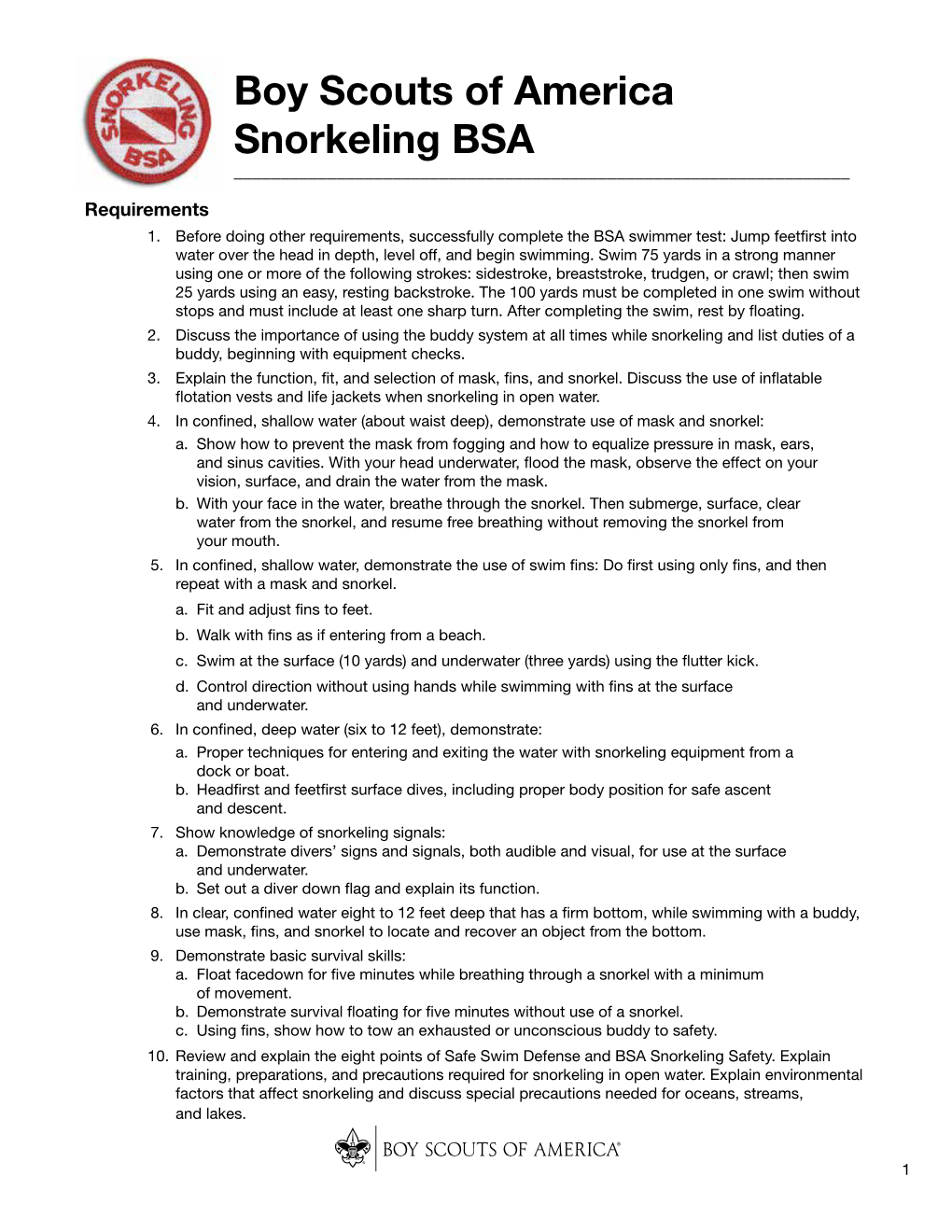 Boy Scouts of America Snorkeling BSA ______Requirements 1