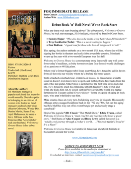 FOR IMMEDIATE RELEASE Debut Rock 'N' Roll Novel