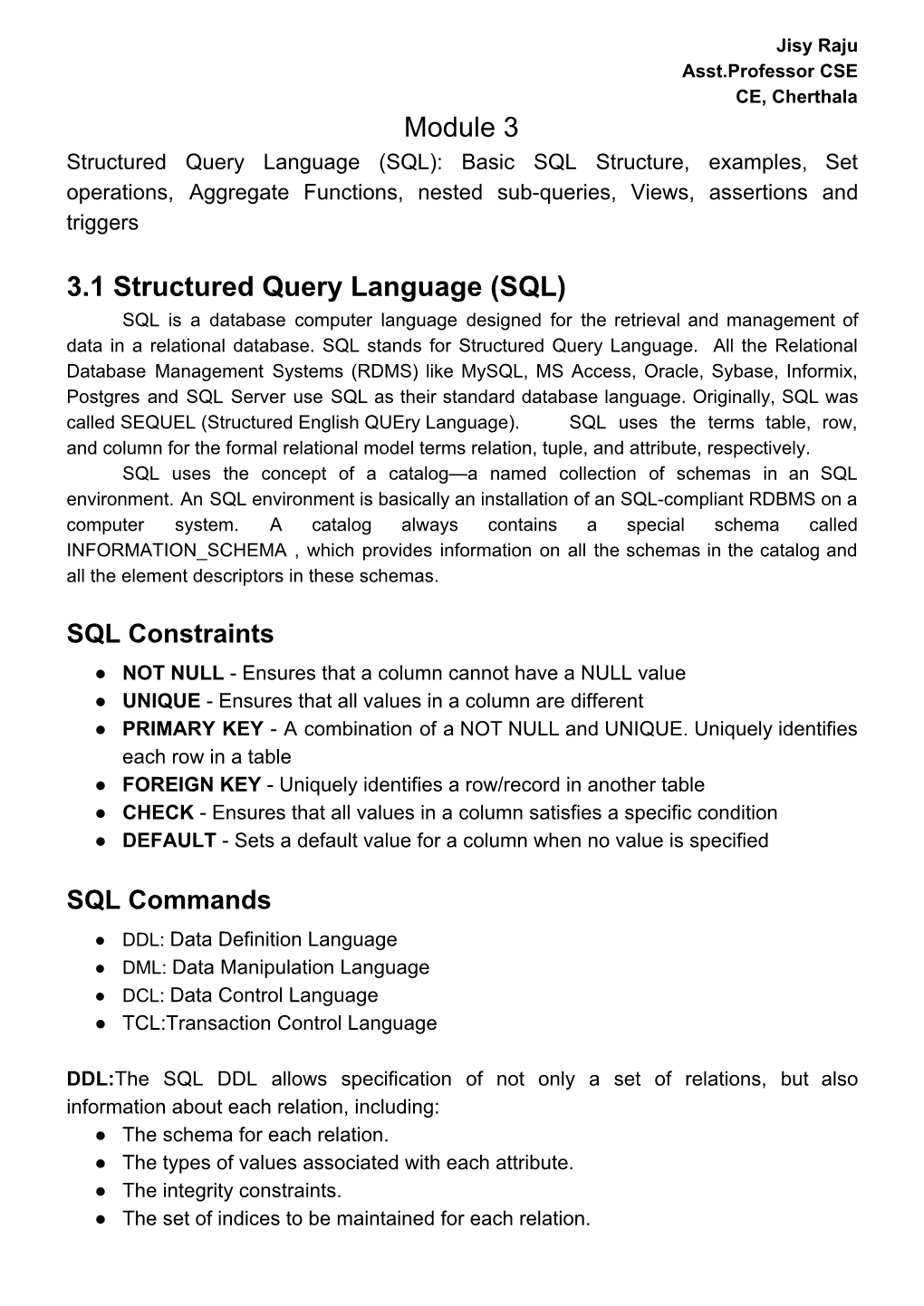 Module 3 3.1 Structured Query Language (SQL)