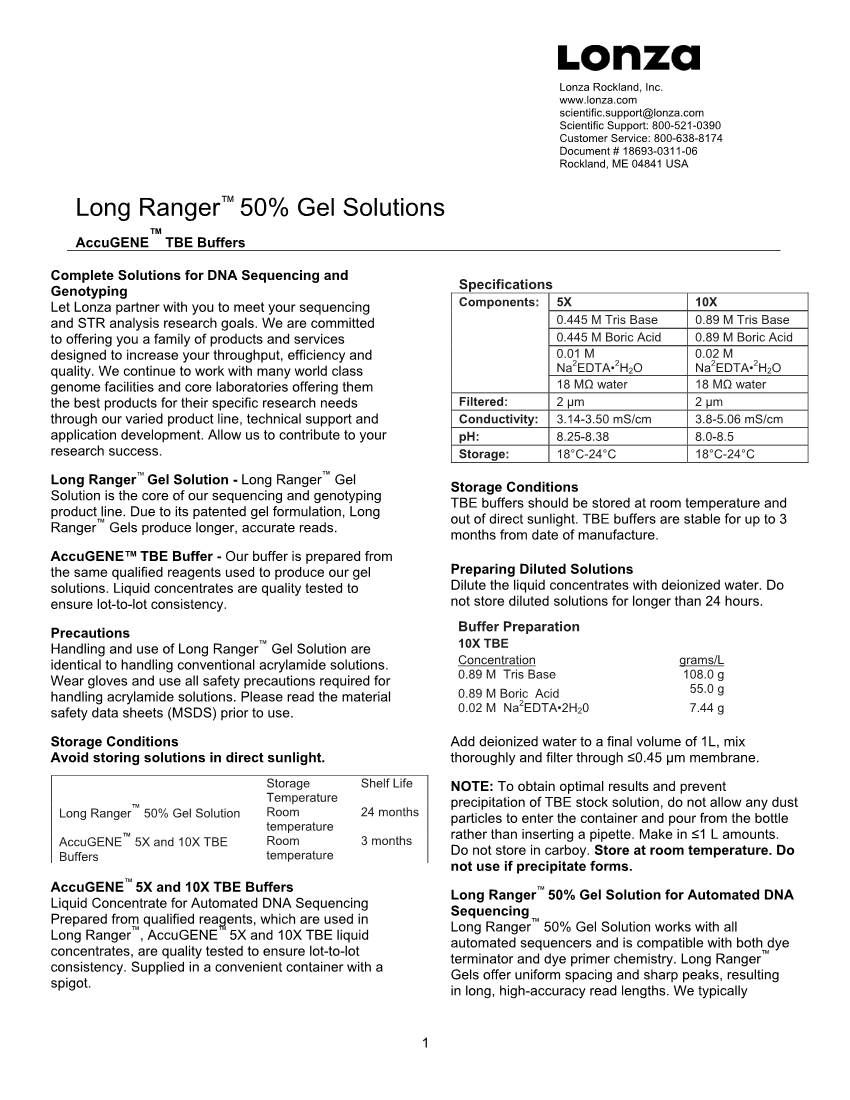Long Ranger™ 50% Gel Solutions ™ Accugene TBE Buffers