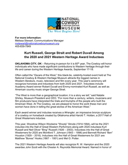 Kurt Russell, George Strait and Robert Duvall Among the 2020 and 2021 Western Heritage Award Inductees