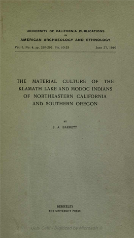 The Material Culture of the Klamath Lake and Modoc Indians of Northeastern California and Southern Oregon