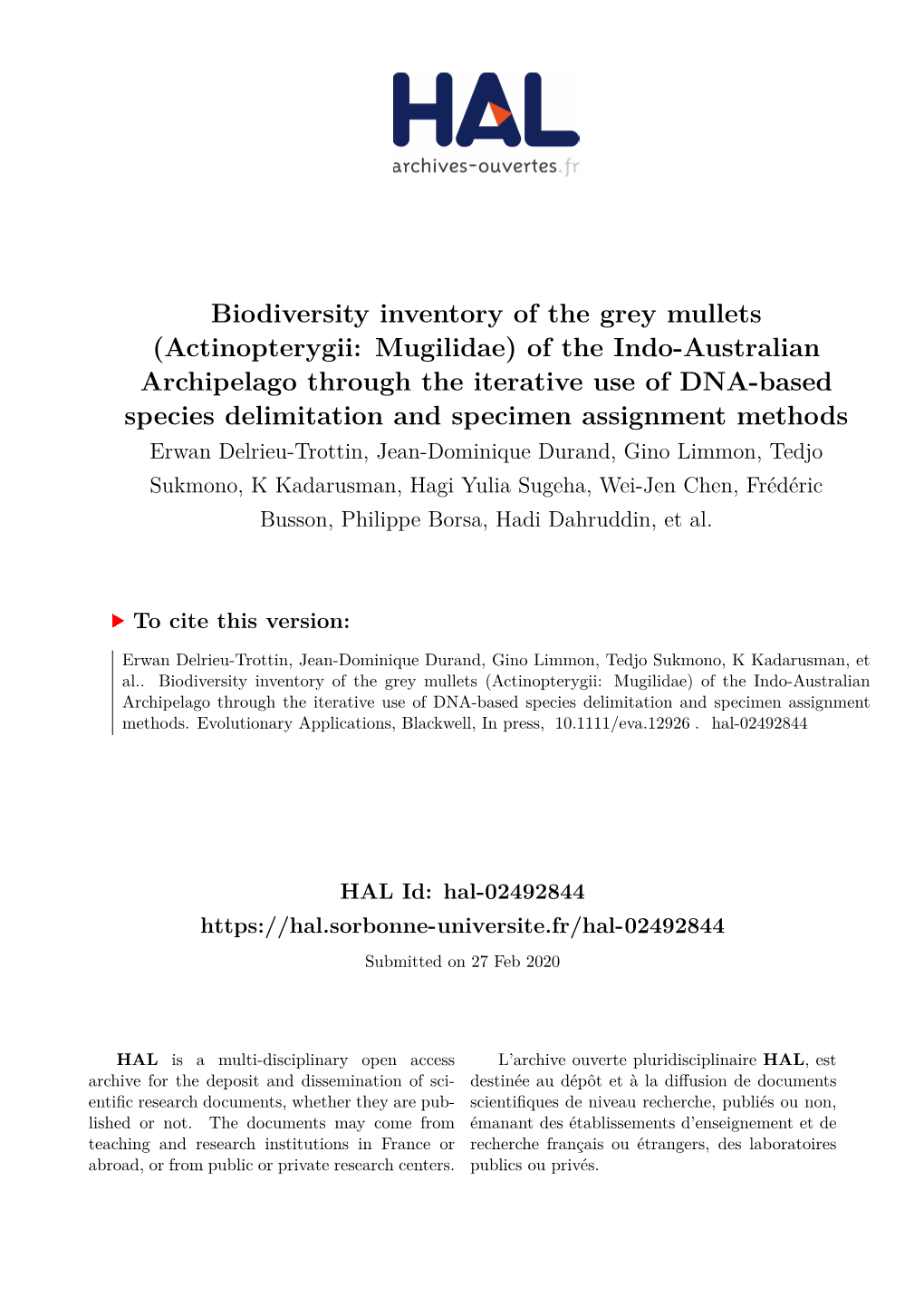 Biodiversity Inventory of the Grey Mullets (Actinopterygii: Mugilidae)