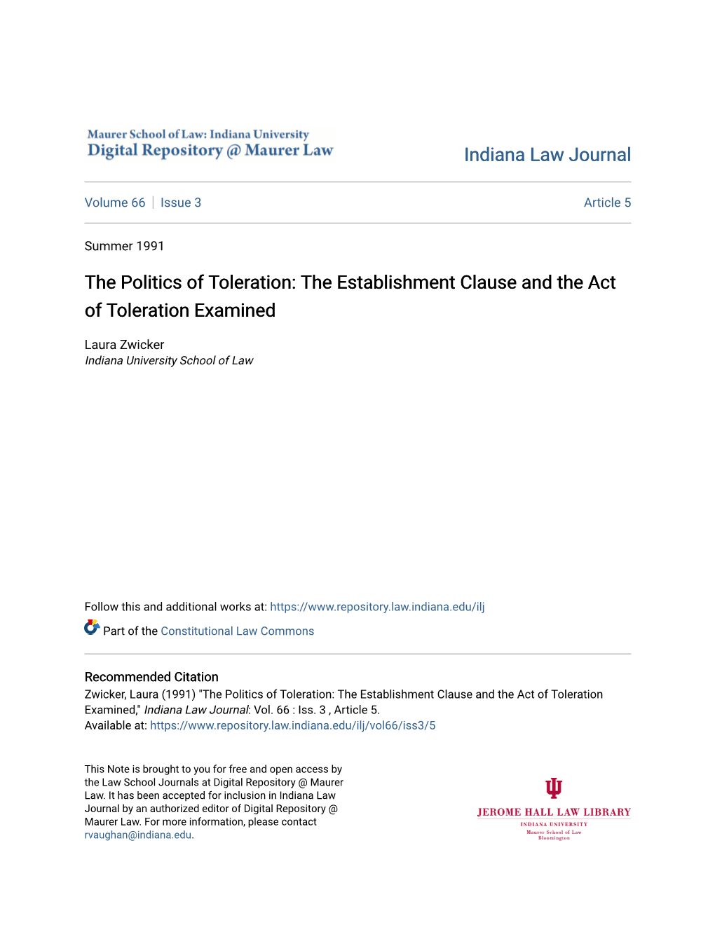 The Establishment Clause and the Act of Toleration Examined