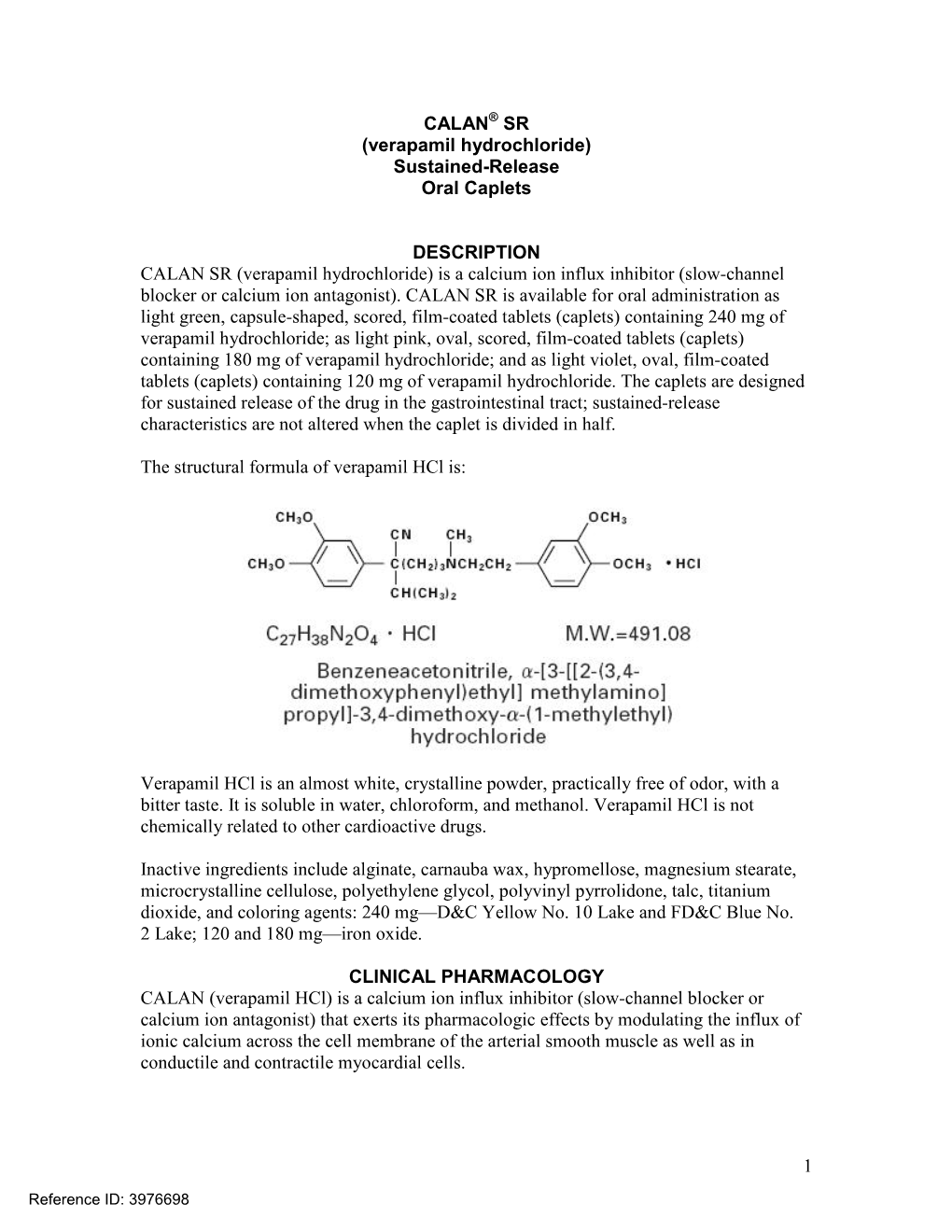 CALAN SR (Verapamil Hydrochloride) Sustained-Release Oral Caplets