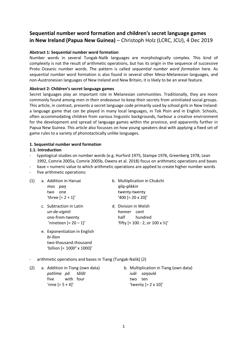 Sequential Number Word Formation and Children's Secret Language Games in New Ireland (Papua New Guinea) – Christoph Holz (LCRC, JCU), 4 Dec 2019