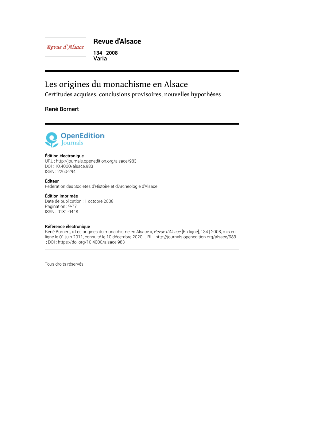 Les Origines Du Monachisme En Alsace Certitudes Acquises, Conclusions Provisoires, Nouvelles Hypothèses