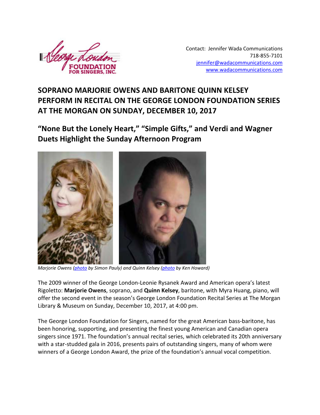 Soprano Marjorie Owens and Baritone Quinn Kelsey Perform in Recital on the George London Foundation Series at the Morgan on Sunday, December 10, 2017