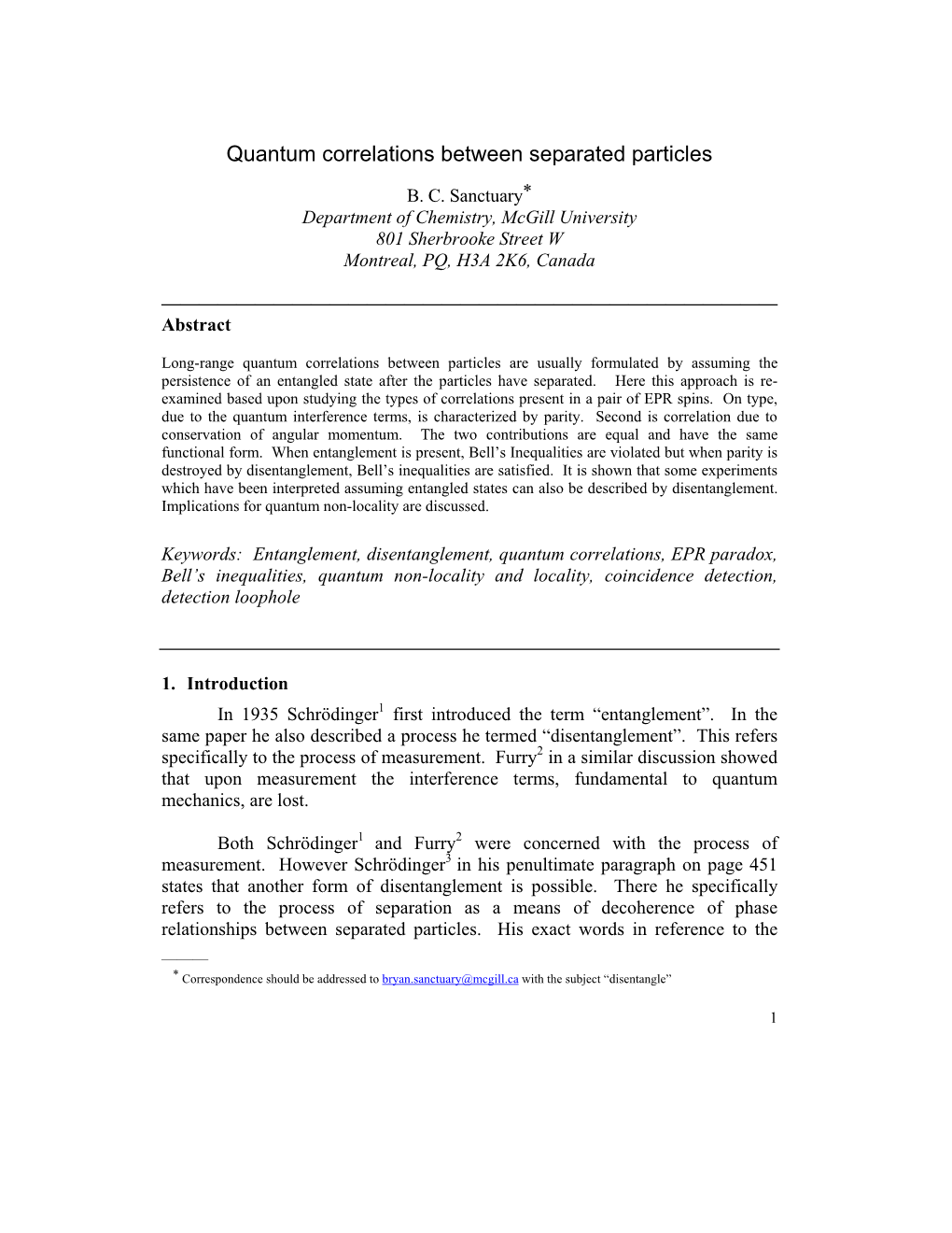 Quantum Correlations Between Separated Particles