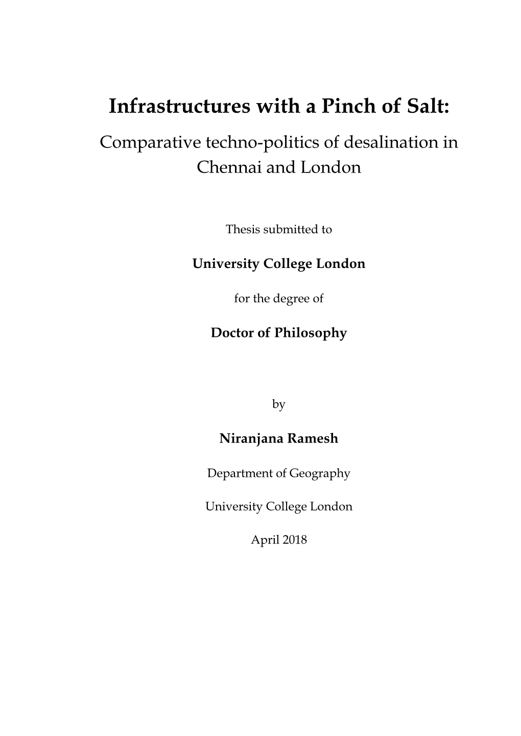 Infrastructures with a Pinch of Salt: Comparative Techno-Politics of Desalination in Chennai and London