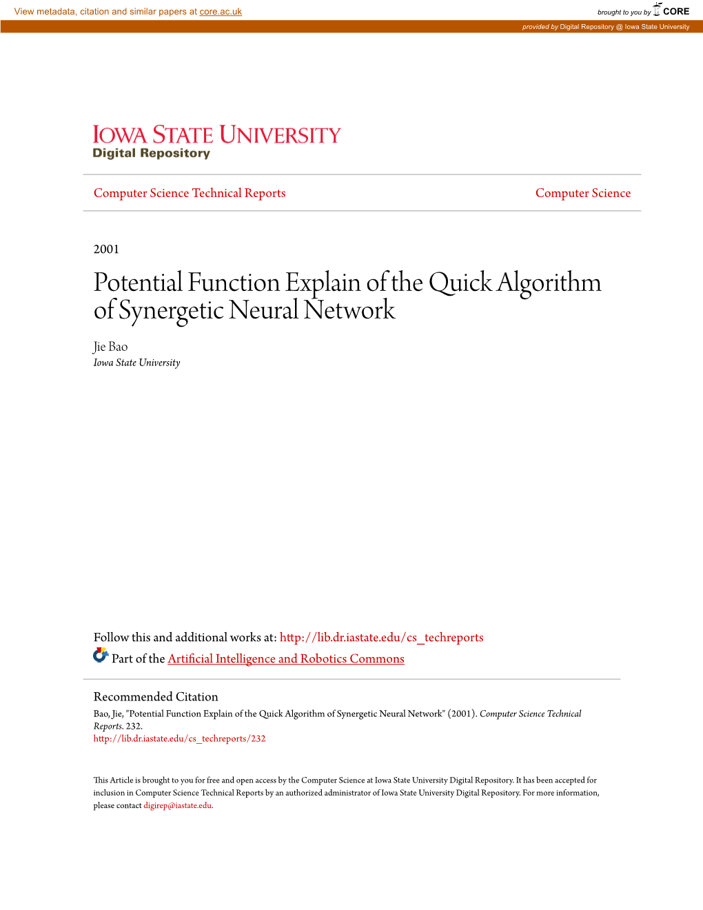 Potential Function Explain of the Quick Algorithm of Synergetic Neural Network Jie Bao Iowa State University