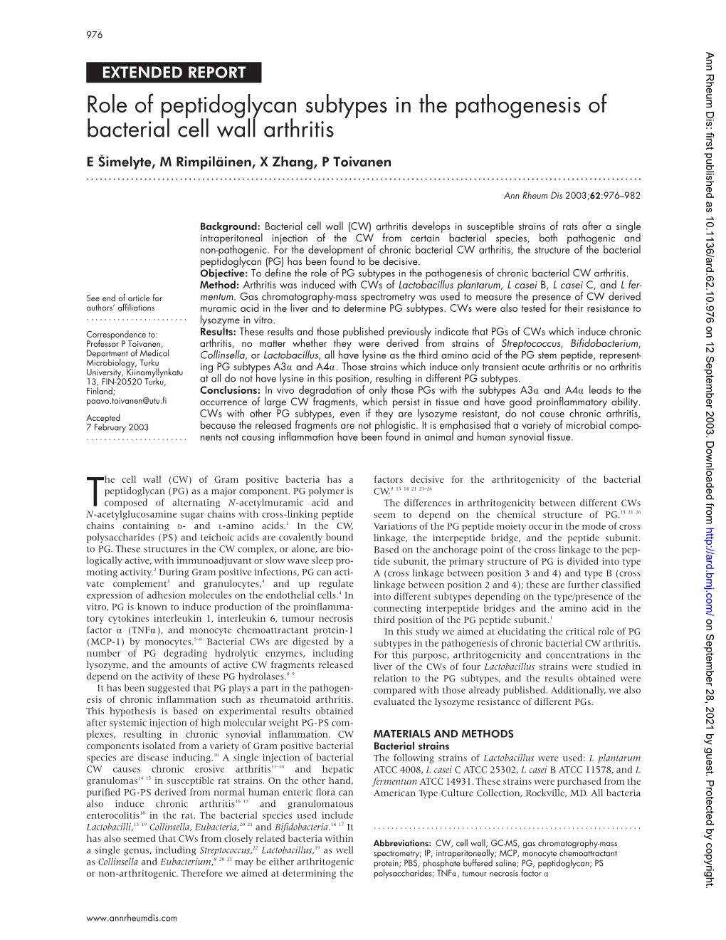 Role of Peptidoglycan Subtypes in the Pathogenesis of Bacterial Cell Wall Arthritis