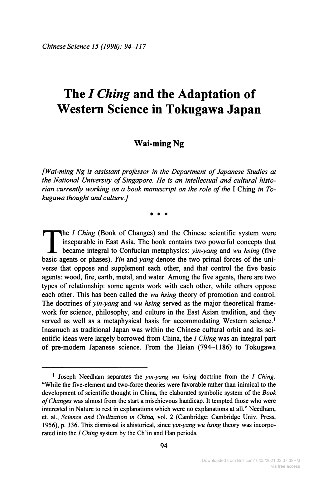 The I Ching and the Adaptation of Western Science in Tokugawa Japan