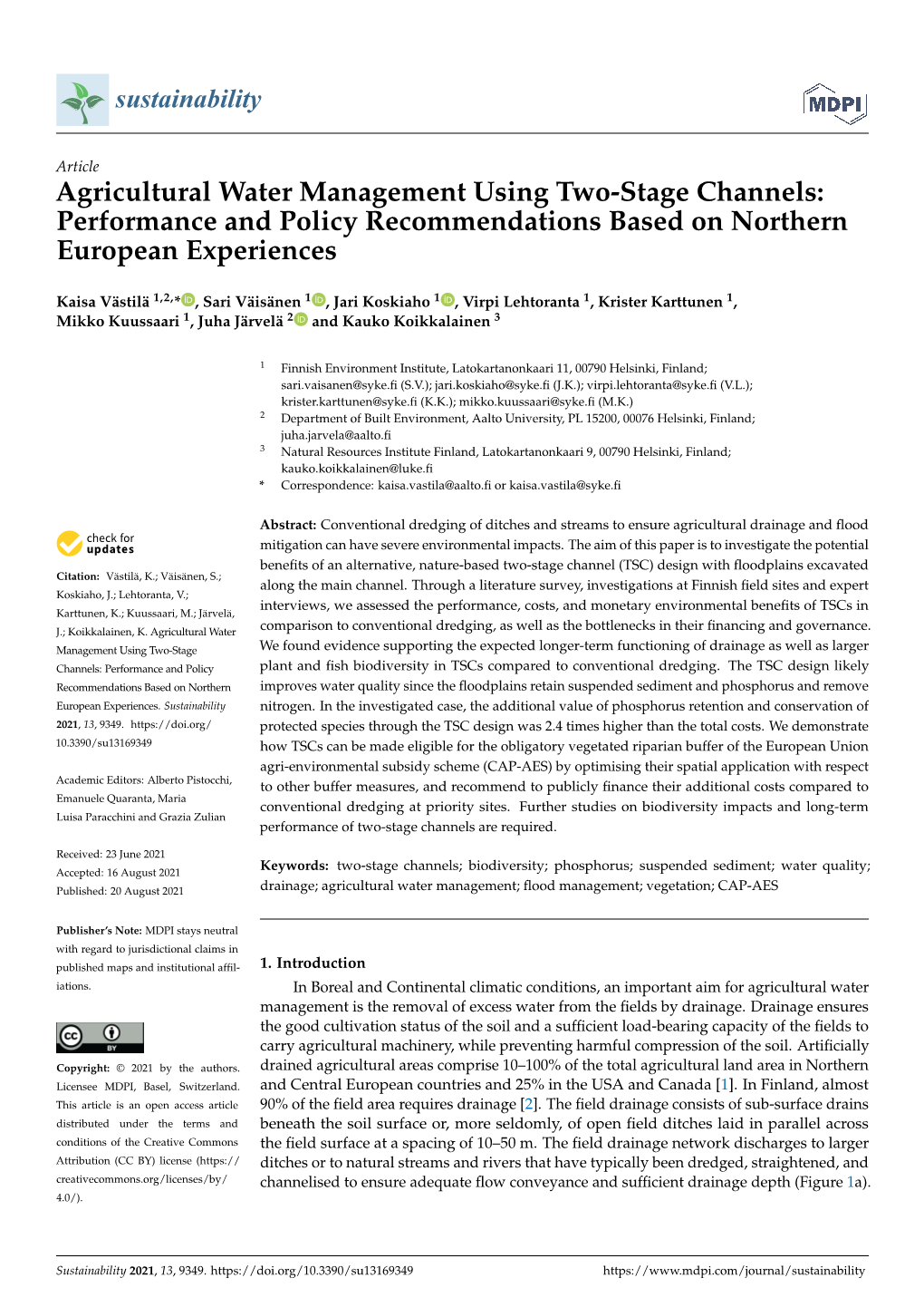 Agricultural Water Management Using Two-Stage Channels: Performance and Policy Recommendations Based on Northern European Experiences