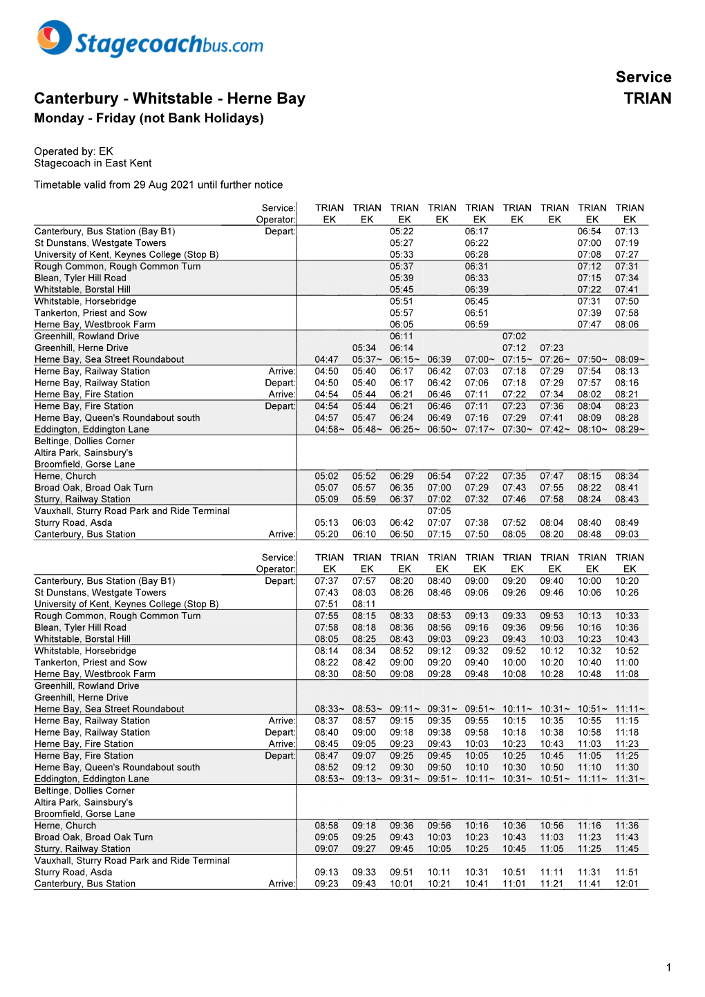 Service Canterbury - Whitstable - Herne Bay TRIAN Monday - Friday (Not Bank Holidays)