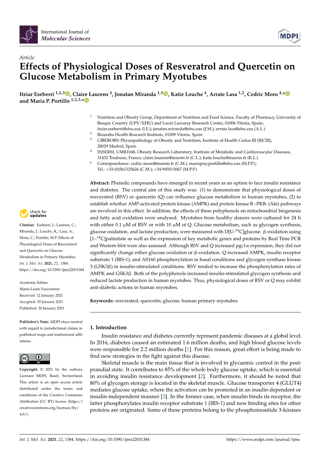 Effects of Physiological Doses of Resveratrol and Quercetin on Glucose Metabolism in Primary Myotubes