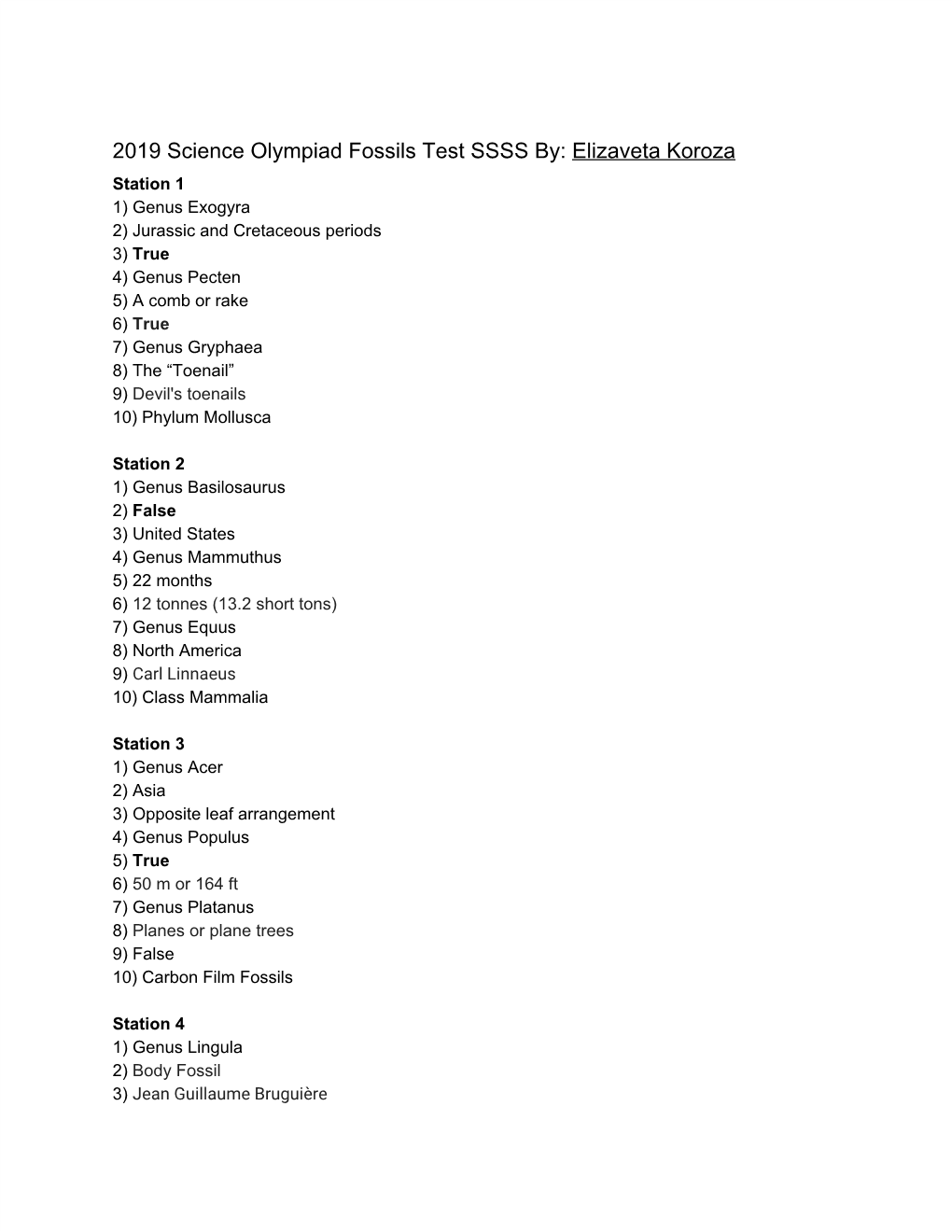 2019 Science Olympiad Fossils Test SSSS By