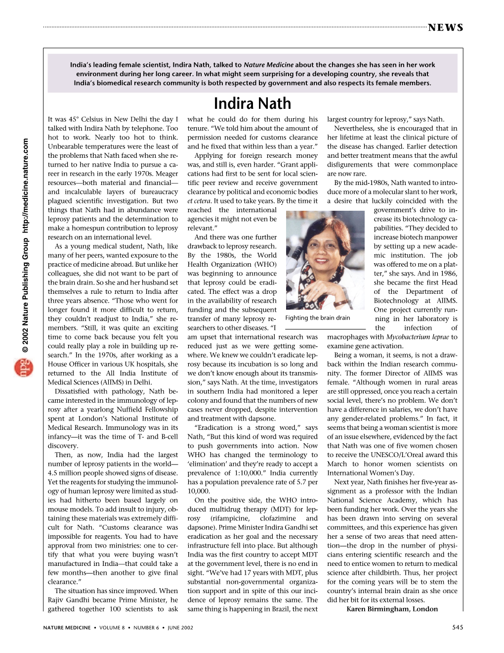 Indira Nath, Talked to Nature Medicine About the Changes She Has Seen in Her Work Environment During Her Long Career