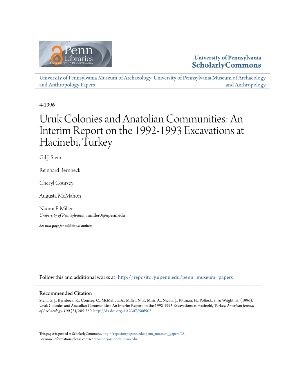 Uruk Colonies and Anatolian Communities: an Interim Report on the 1992-1993 Excavations at Hacinebi, Turkey Gil J