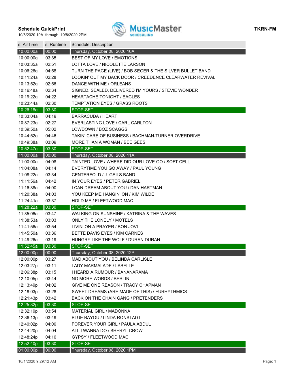 Schedule Quickprint TKRN-FM