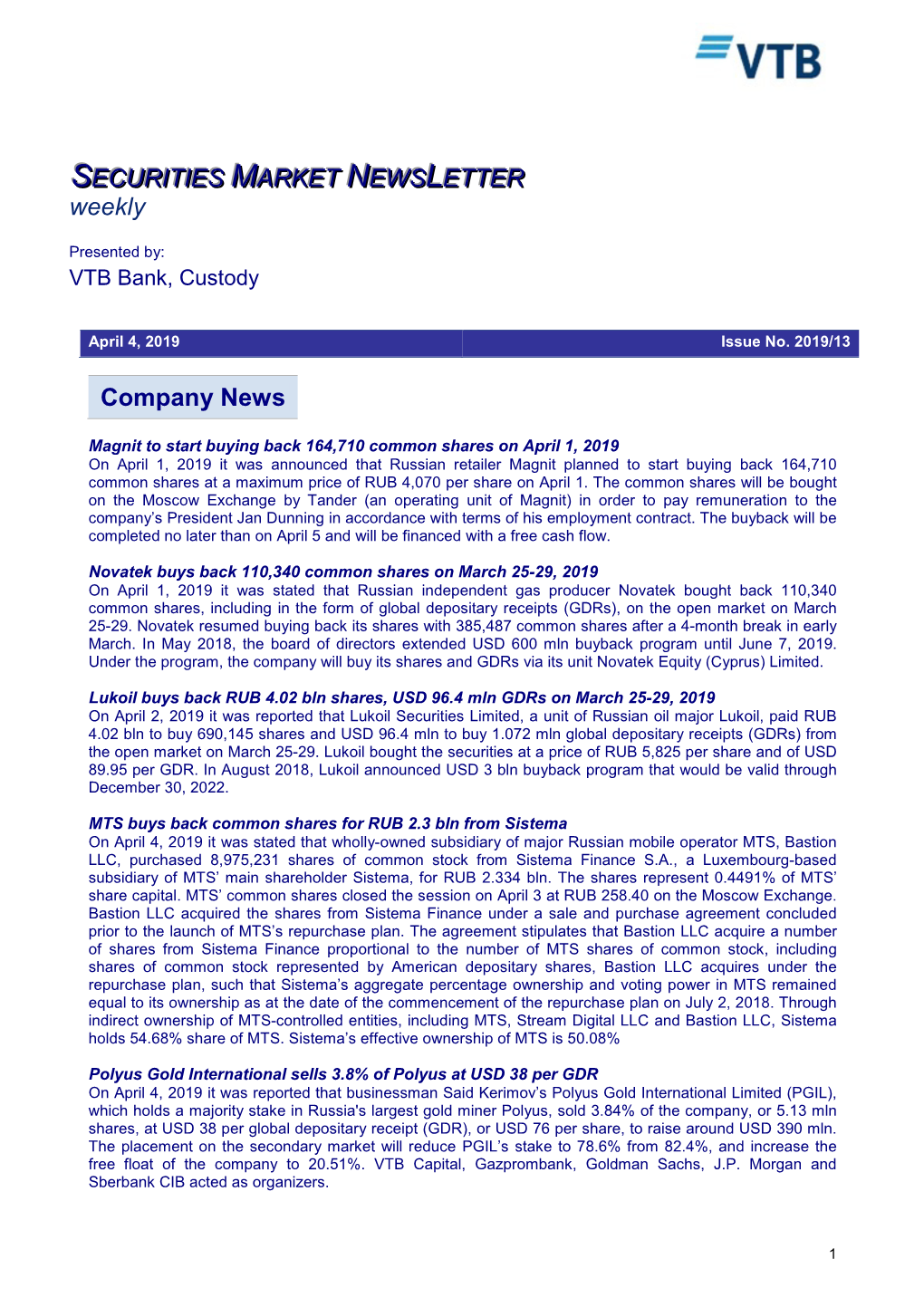 Company News SECURITIES MARKET NEWS LETTER Weekly