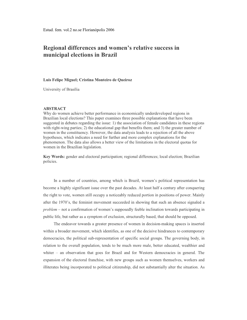 Regional Differences and Women's Relative Success in Municipal Elections in Brazil