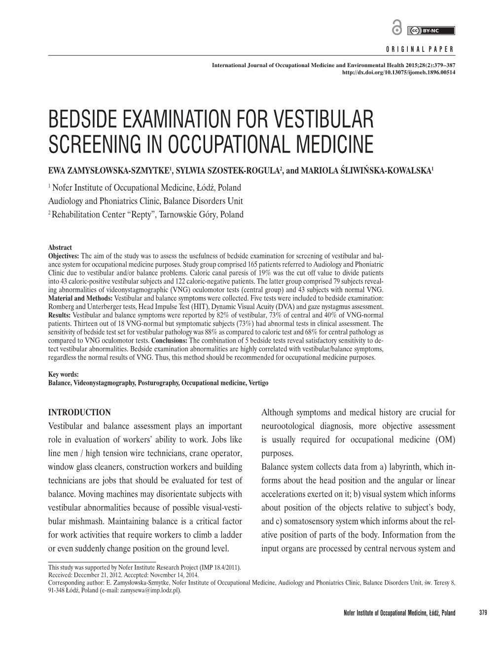 Bedside Examination for Vestibular Screening In