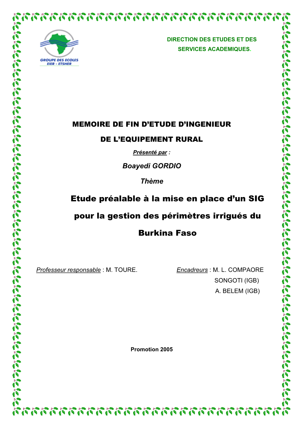 Etude Préalable À La Mise En Place D'un SIG Pour La Gestion Des