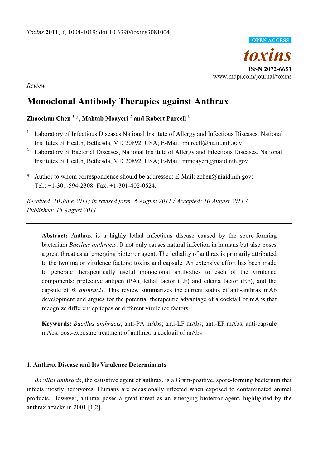 Monoclonal Antibody Therapies Against Anthrax