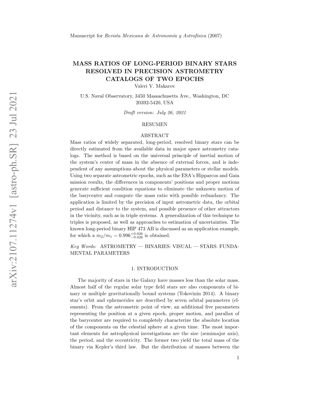 Mass Ratios of Long-Period Binary Stars Resolved in Precision Astrometry Catalogs of Two Epochs