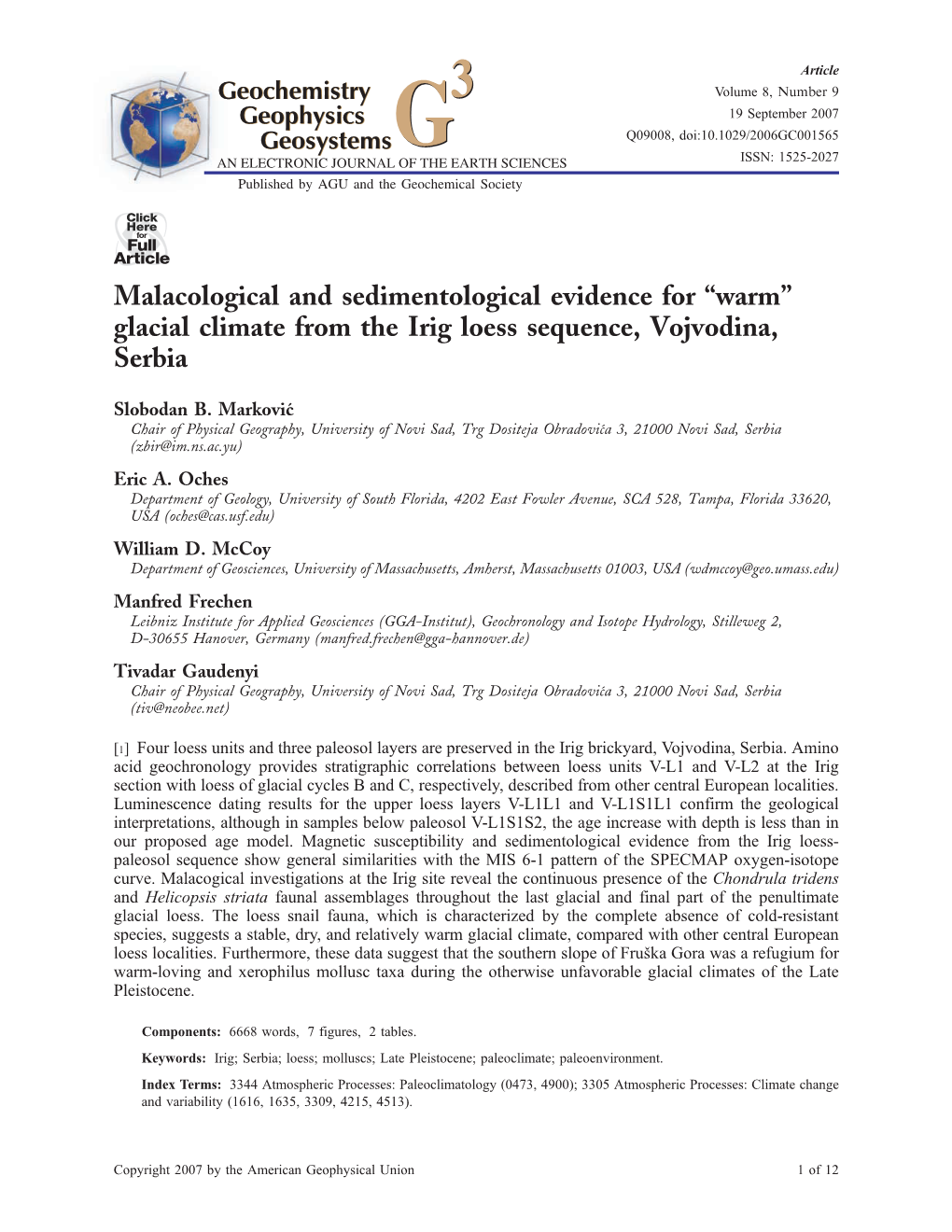 Warm'' Glacial Climate from the Irig Loess Sequence, Vojvodina, Serbia