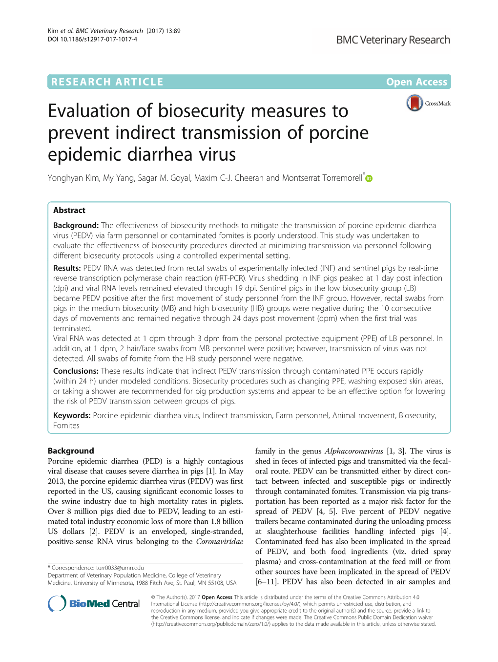 Evaluation of Biosecurity Measures to Prevent Indirect Transmission of Porcine Epidemic Diarrhea Virus Yonghyan Kim, My Yang, Sagar M