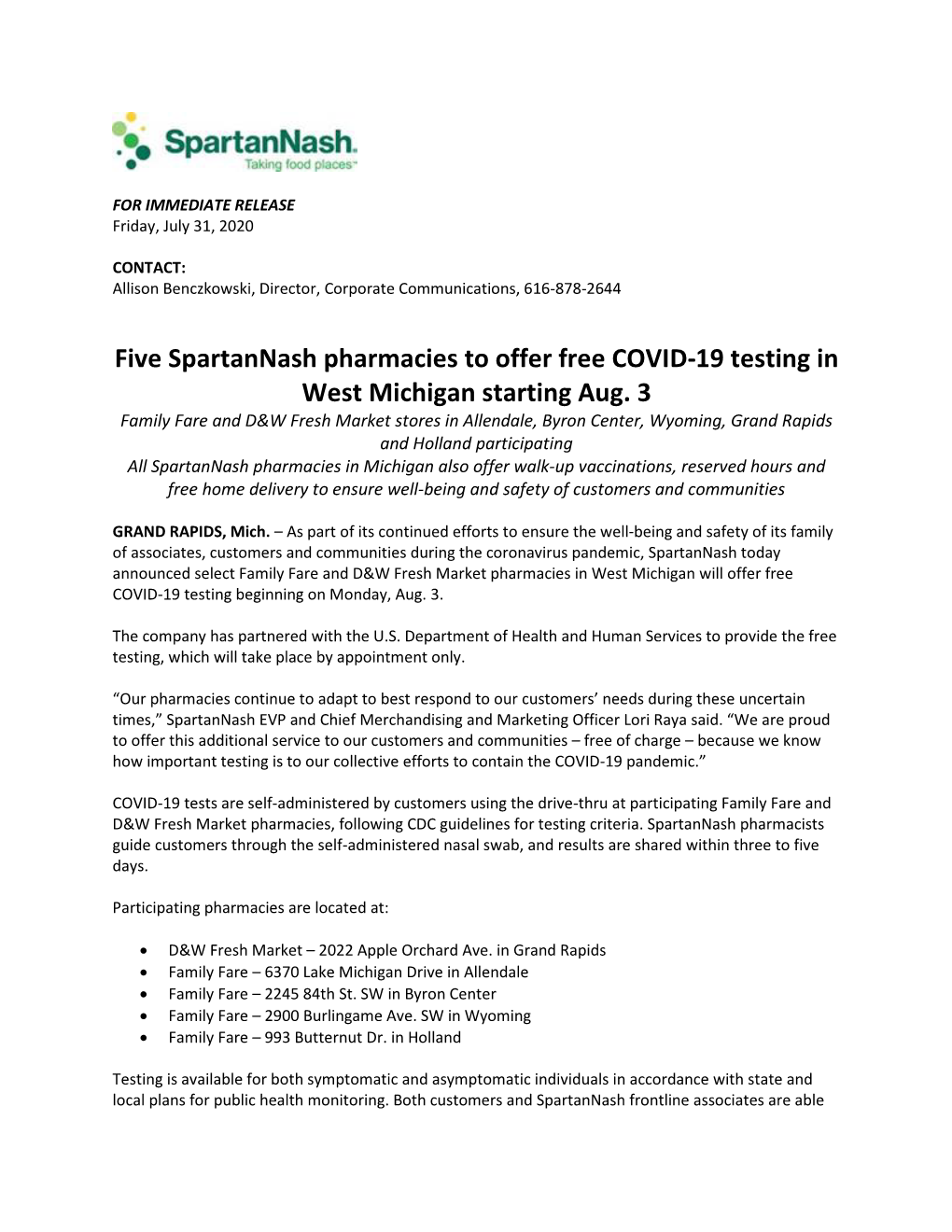Five Spartannash Pharmacies to Offer Free COVID-19 Testing in West Michigan Starting Aug