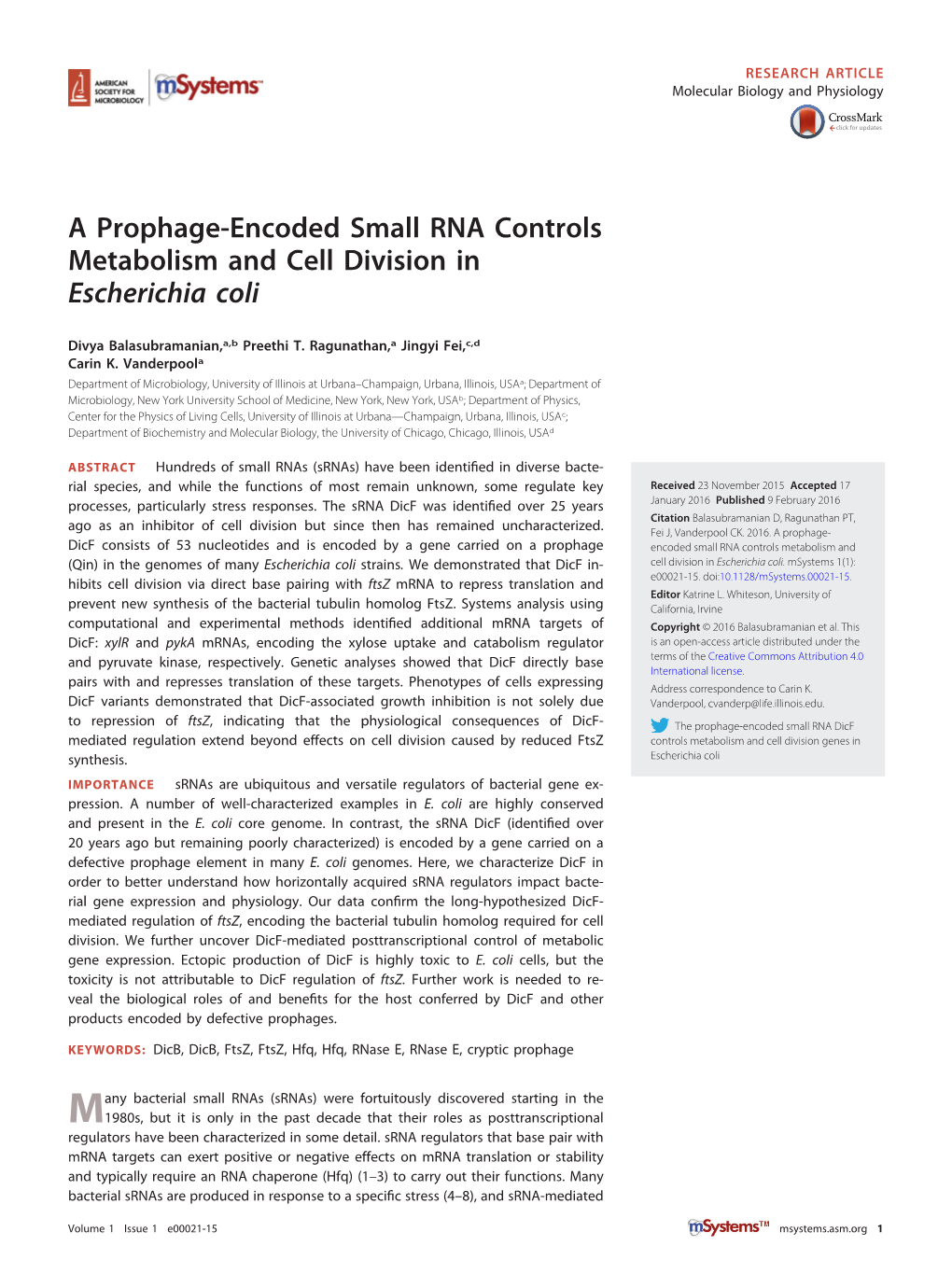 A Prophage-Encoded Small RNA Controls Metabolism and Cell Division in Escherichia Coli
