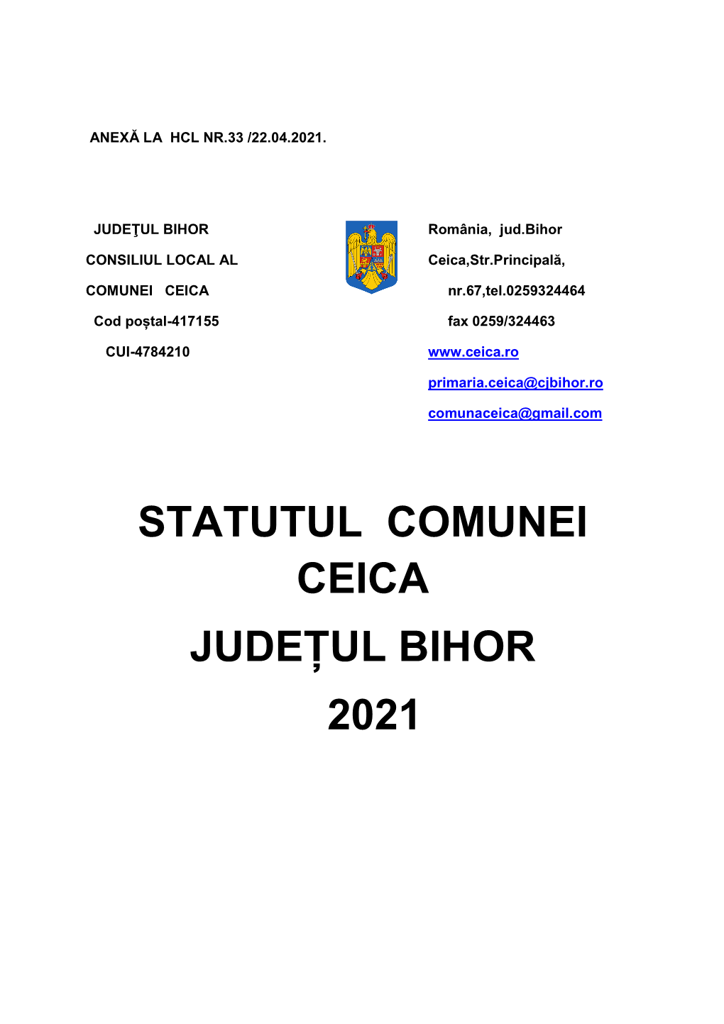 Statut Uat Comuna Ceica ,Actualizat 22.04.2021