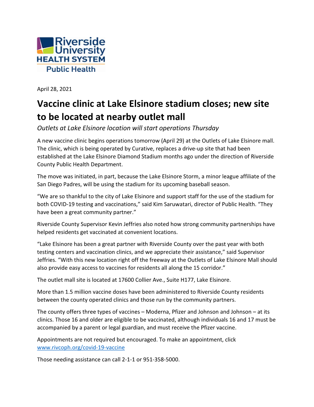 Vaccine Clinic at Lake Elsinore Stadium Closes