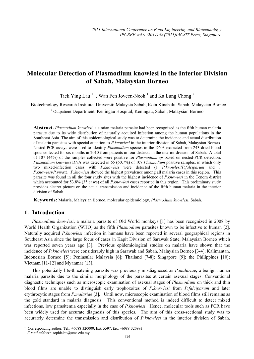 Molecular Detection of Plasmodium Knowlesi in the Interior Division of Sabah, Malaysian Borneo