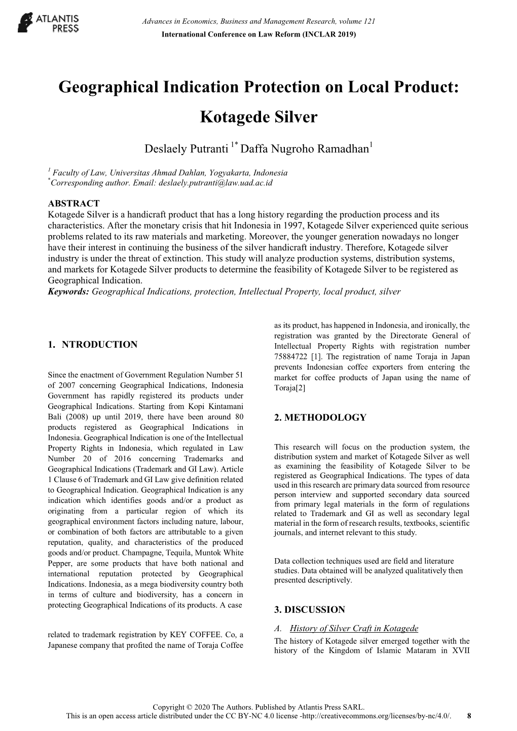 Geographical Indication Protection on Local Product: Kotagede Silver