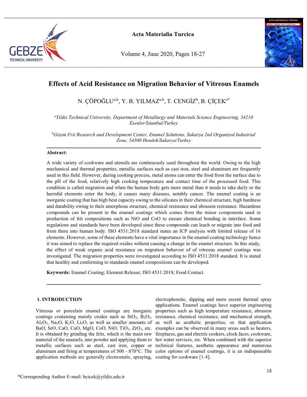 Effects of Acid Resistance on Migration Behavior of Vitreous Enamels