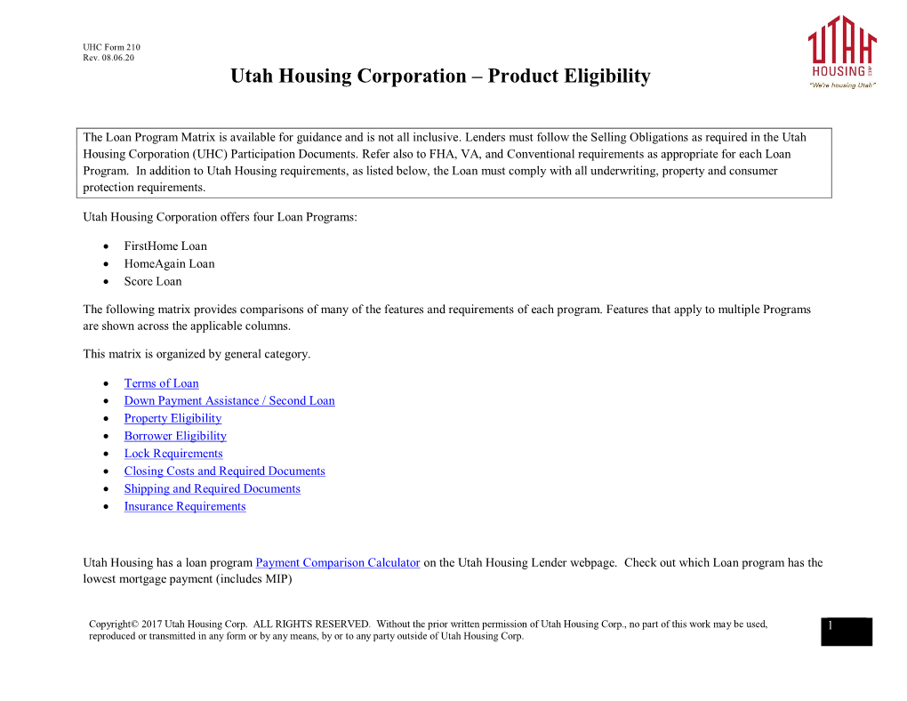 UHC Form 210 Utah Housing Corporation Product Eligibility