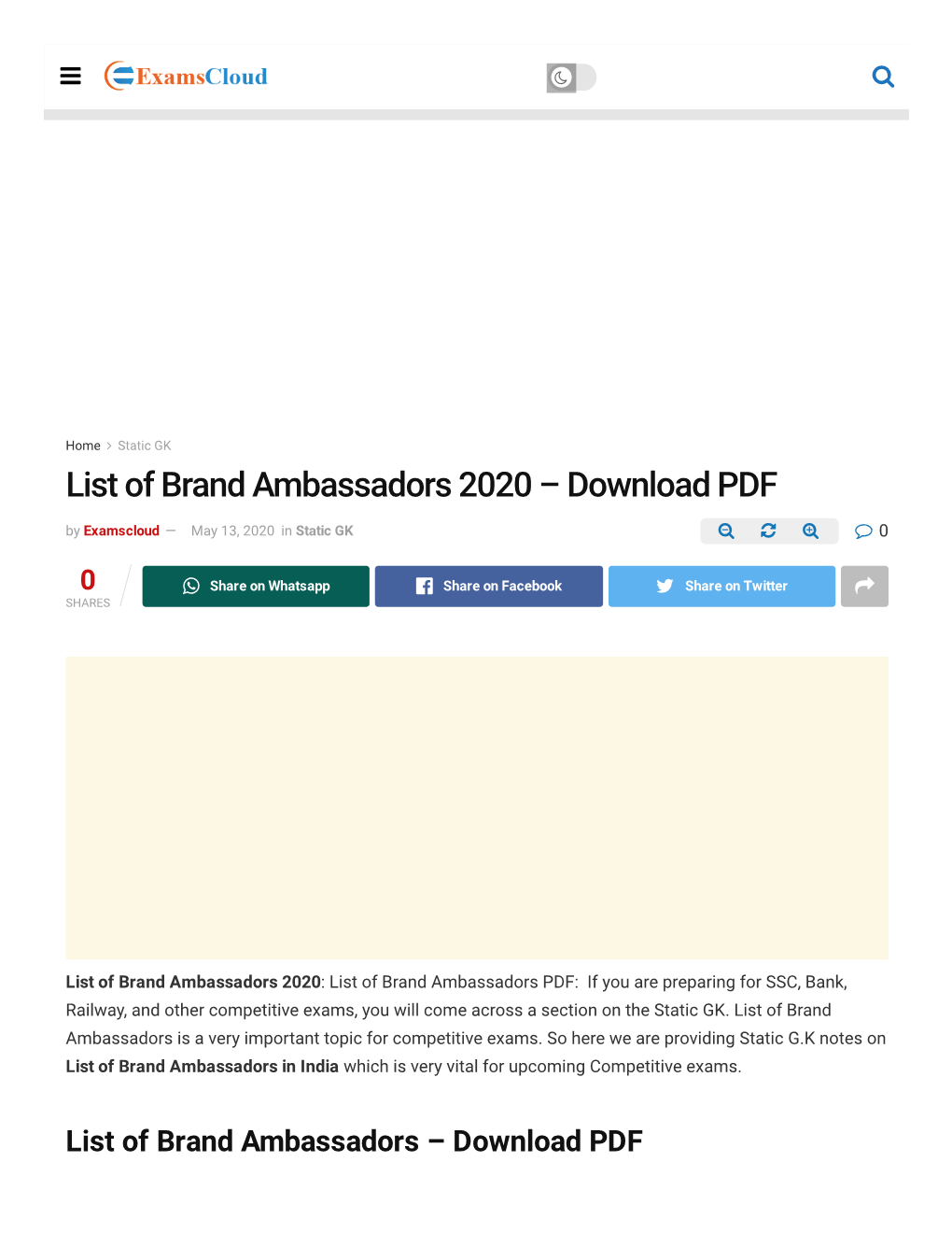 List of Brand Ambassadors 2020 – Download PDF by Examscloud — May 13, 2020 in Static GK     0
