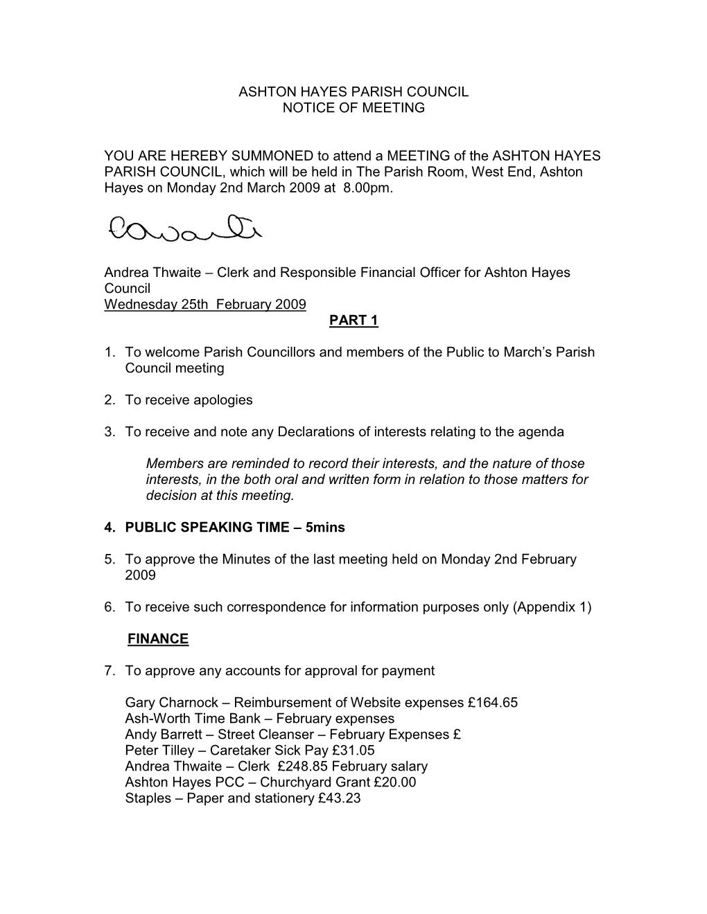 Ashton Hayes Parish Council Notice of Meeting