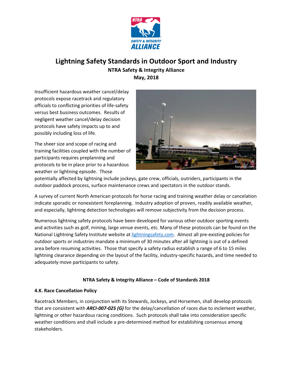 Lightning Safety Standards in Outdoor Sport and Industry NTRA Safety & Integrity Alliance May, 2018