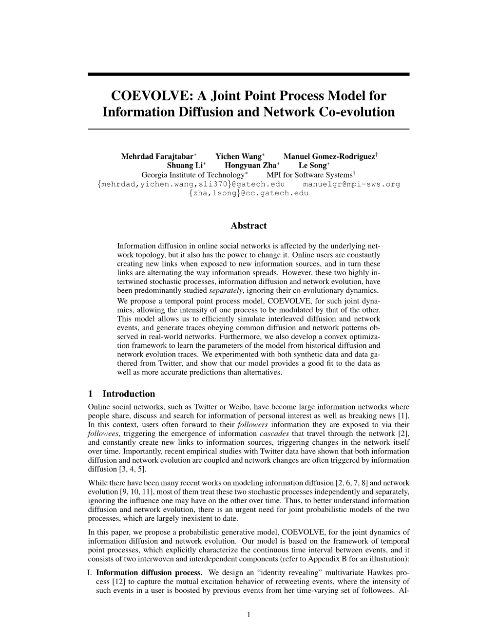 A Joint Point Process Model for Information Diffusion and Network Co-Evolution