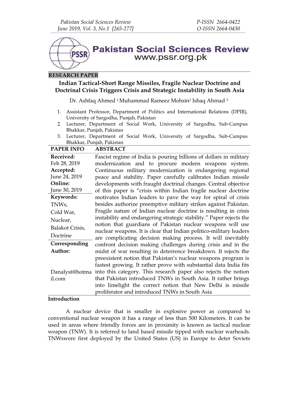 Indian Tactical-Short Range Missiles, Fragile Nuclear Doctrine and Doctrinal Crisis Triggers Crisis and Strategic Instability in South Asia Dr