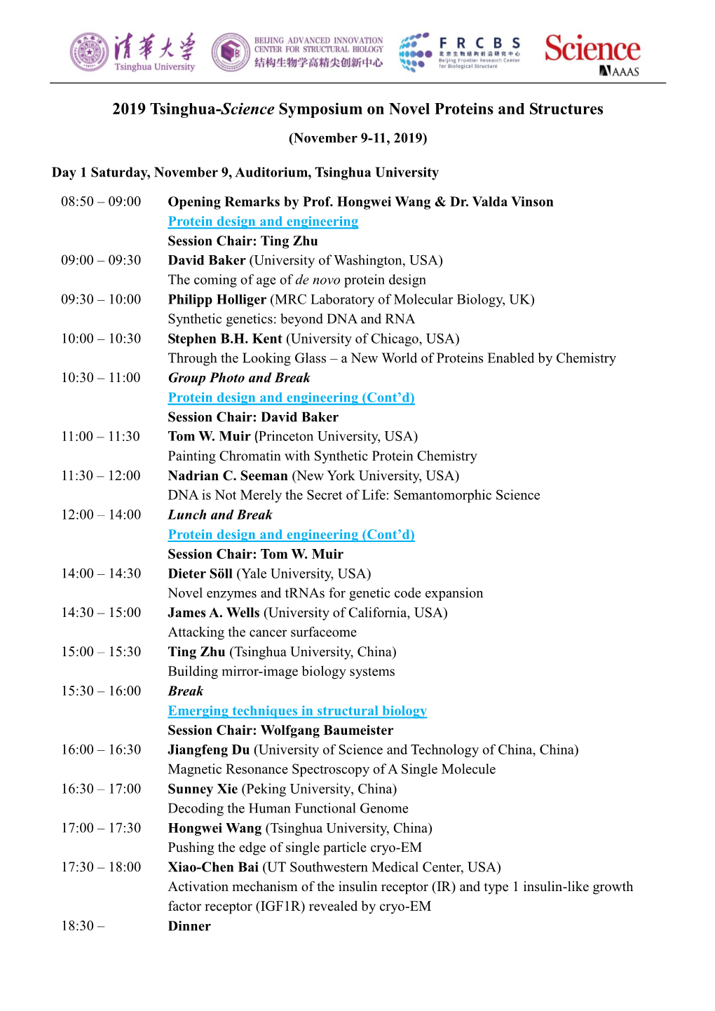 2019 Tsinghua-Science Symposium on Novel Proteins and Structures (November 9-11, 2019)