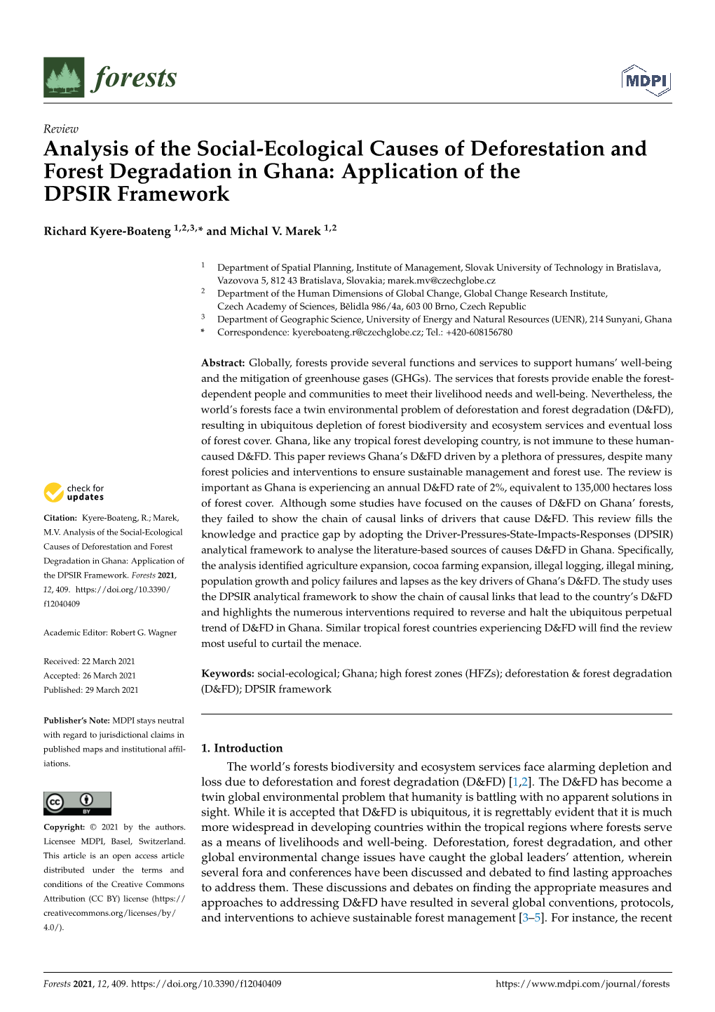 Analysis of the Social-Ecological Causes of Deforestation and Forest Degradation in Ghana: Application of the DPSIR Framework