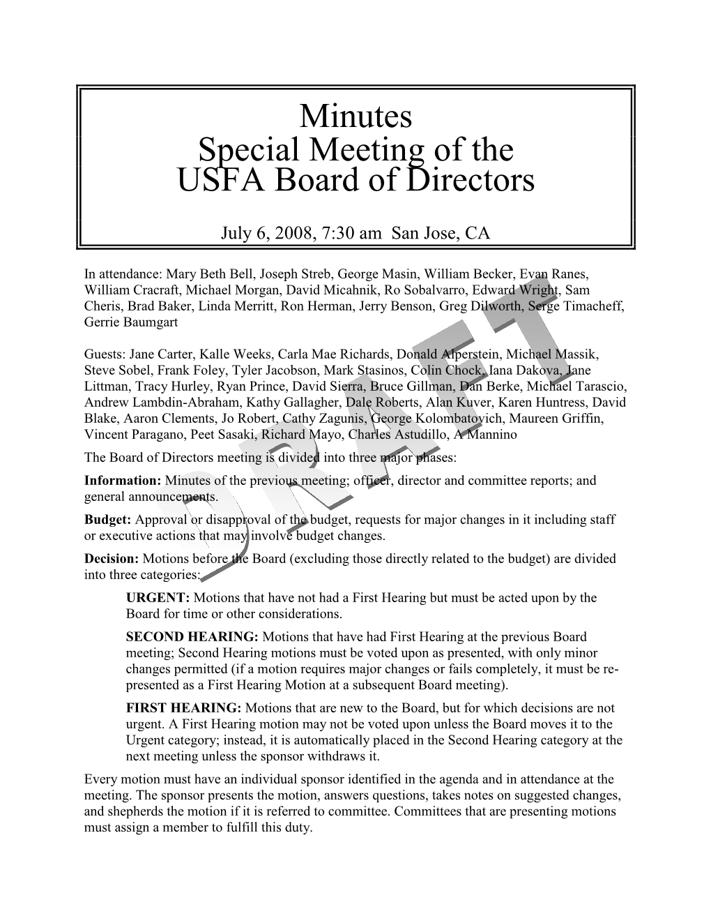 Minutes Special Meeting of the USFA Board of Directors