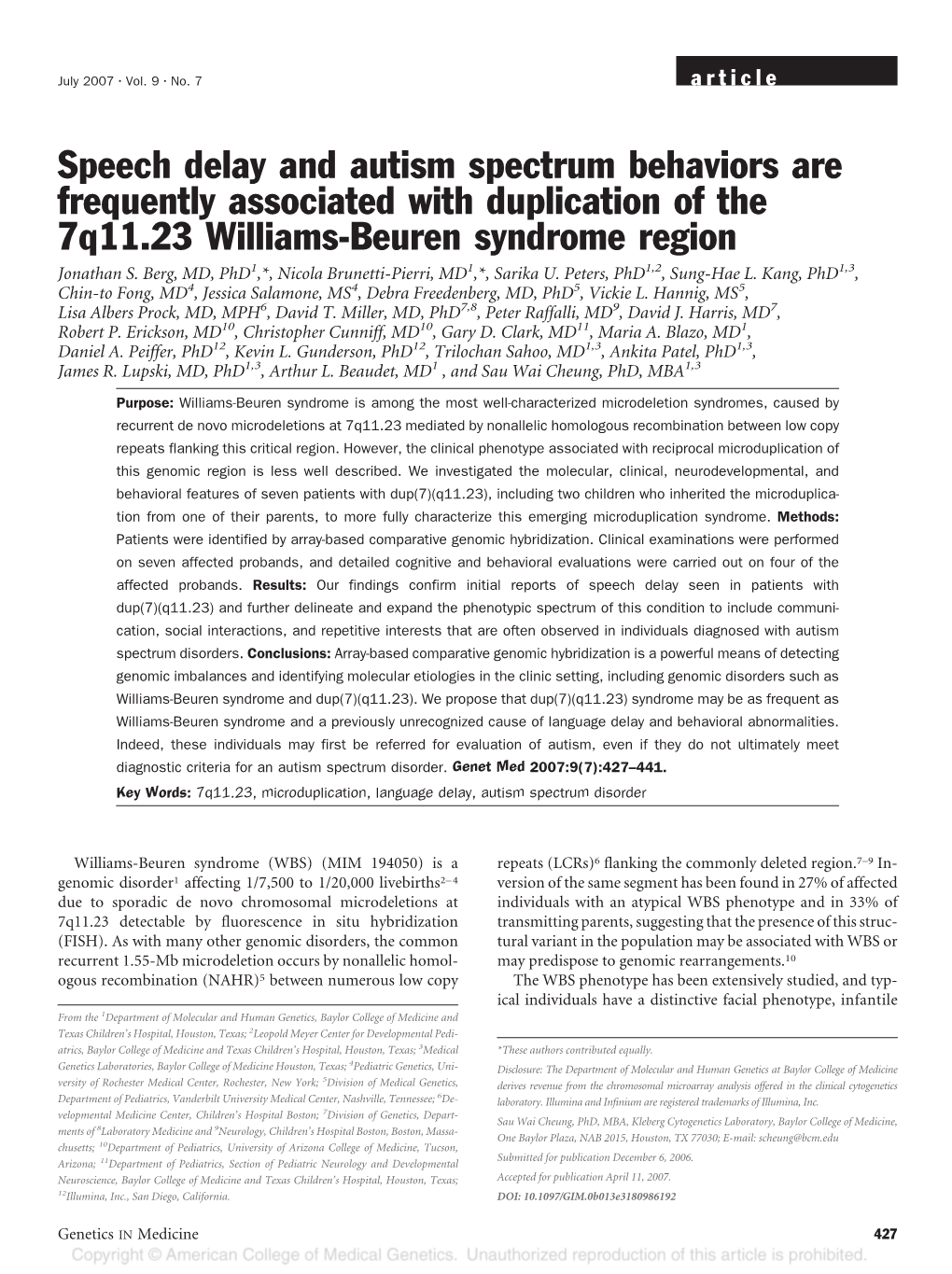 Speech Delay and Autism Spectrum Behaviors Are Frequently Associated with Duplication of the 7Q11.23 Williams-Beuren Syndrome Region Jonathan S